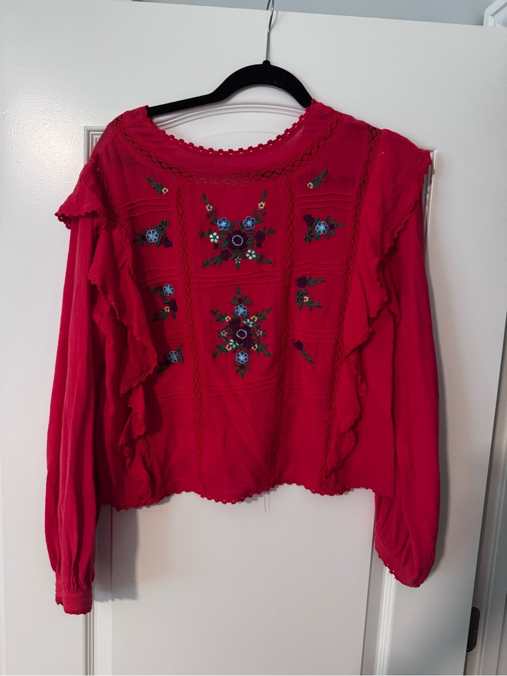 Free People Crimson Embroidered Ruffle Long-Sleeve Top